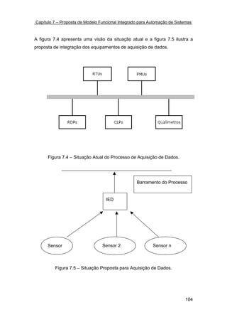Capítulo 7 – Proposta de Modelo Funcional Integrado para Automação de Sistemas



A figura 7.4 apresenta uma visão da situação atual e a figura 7.5 ilustra a
proposta de integração dos equipamentos de aquisição de dados.




      Figura 7.4 – Situação Atual do Processo de Aquisição de Dados.




                                                  Barramento do Processo


                                   IED




      Sensor                     Sensor 2                 Sensor n



         Figura 7.5 – Situação Proposta para Aquisição de Dados.




                                                                          104
 