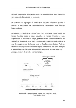 Capítulo 3 - Automação da Operação



simples, com apenas equipamentos para a comunicação e troca de dados
com a subestação que está no comando.


Os sistemas de aquisição de dados têm requisitos diferentes quanto a
tempos e velocidades de processamentos, dependendo das funções
implementadas.


Na Figura 3.6, retirada de [Jardini,1996], são mostradas, numa escala de
tempo, funções locais e seus requisitos de tempo. Percebe-se que,
dependendo do requisito de tempo, pode-se coletar o valor instantâneo ou
valor eficaz da variável, com maior ou menor velocidade, podendo implicar o
uso de equipamentos dedicados para as funções mais rápidas. Pode-se
identificar um conjunto de funções de regime permanente, tais como medição
e apresentação de eventos e outras classificadas como rápidas, tais como:
proteção, registro de eventos e sincronização.




           Figura 3.6 – Requisitos de Tempo das Funções Locais.
                               Fonte: [Jardini 1996].



                                                                            36
 