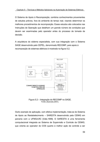 Capítulo 5 – Técnicas e Métodos Aplicáveis na Automação de Sistemas Elétricos



O Sistema de Apoio à Recomposição, combina conhecimentos provenientes
de estudos prévios, fora do ambiente de tempo real, visando determinar os
melhores procedimentos de recomposição. Esses estudos são colocados nas
Instruções de Operação que detalham um grande número de condições que
devem ser examinadas pelo operador antes do processo de tomada de
decisão.


A arquitetura do sistema especialista, com sua integração com o Sistema
SAGE desenvolvido pelo CEPEL, denominado RECOMP, para apoio à
recomposição de sistemas elétricos é mostrada na figura 5.2.




              Figura 5.2 – Integração do RECOMP no SAGE.
                             Fonte: [Azevedo,2001].




Outro exemplo de aplicação, com efetiva implementação, trata-se do Sistema
de Apoio ao Restabelecimento – SARESTA desenvolvido pela CEMIG em
parceria com a UFMG/LRC [Vale,1999]. O SARESTA é uma ferramenta
computacional integrada ao Sistema de Supervisão e Controle da CEMIG,
que orienta ao operador do COS quanto à melhor ação de controle a ser


                                                                             59
 