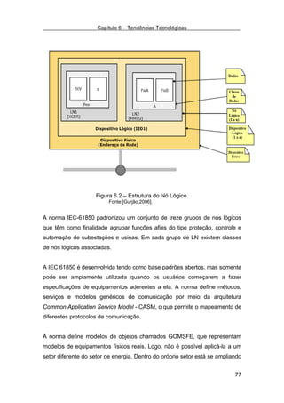 Capítulo 6 – Tendências Tecnológicas




                    Figura 6.2 – Estrutura do Nó Lógico.
                         Fonte:[Gurjão,2006].


A norma IEC-61850 padronizou um conjunto de treze grupos de nós lógicos
que têm como finalidade agrupar funções afins do tipo proteção, controle e
automação de subestações e usinas. Em cada grupo de LN existem classes
de nós lógicos associadas.


A IEC 61850 é desenvolvida tendo como base padrões abertos, mas somente
pode ser amplamente utilizada quando os usuários começarem a fazer
especificações de equipamentos aderentes a ela. A norma define métodos,
serviços e modelos genéricos de comunicação por meio da arquitetura
Common Application Service Model - CASM, o que permite o mapeamento de
diferentes protocolos de comunicação.


A norma define modelos de objetos chamados GOMSFE, que representam
modelos de equipamentos físicos reais. Logo, não é possível aplicá-la a um
setor diferente do setor de energia. Dentro do próprio setor está se ampliando


                                                                           77
 