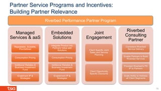 Partner Service Programs and Incentives:
Building Partner Relevance
16
Managed
Services & aaS
Repeatable, Scalable,
Pre-Defined
Consumption Pricing
Additional Rebates &
Business Investment
Fund
Enablment IP &
Strategies
Embedded
Solutions
Integrate Product into
Partners Value add
Solutions
Consumption Pricing
Additional Rebates &
Business Investment
Fund
Enablement IP &
Strategies
Joint
Engagement
Client Specific Joint
Sales and Service
Planning
Client Opportunity
Specific Discounts
Riverbed
Consulting
Partner
Consistent Riverbed
Service Delivery
Enable Partners to Build
Riverbed Services
Provided Riverbed’s PS
IP to Partners
Scale Ability to Address
all Client Segments
Riverbed Performance Partner Program
 