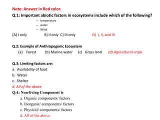 Note: Answer in Red color.
Q.1: Important abiotic factors in ecosystems include which of the following?
– temperature
– water
– Wind
(A) I only B) II only C) III only D) I, II, and III
Q.2: Example of Anthropogenic Ecosystem
(a) Forest (b) Marine water (c) Grass land (d) Agricultural crops
Q.3: Limiting factors are:
a. Availability of food
b. Water
c. Shelter
d. All of the above
Q.4: Non-living Component is
a. Organic components/ factors
b. Inorganic/ components/ factors
c. Physical/ components/ factors
d. All of the above
 