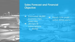 Sales Forecast and Financial
Objective
➜ Reach 12% profit
within three years
➜ Estimated 38,000
business trips
every day
➜ 28 trips=8
subscriptions
○ $6400
 