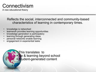 Connectivism A new educational theory Reflects the social, interconnected and community-based characteristics of learning in contemporary times.    knowledge is networked teamwork provides learning opportunities knowledge generation is participatory  learning through generating ideas personal networks enable learning engagement in experiential tasks     This translates  to life & learning beyond school Student-generated content 