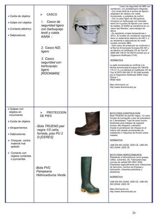 Caída de objetos
Golpe con objetos
Contacto eléctrico
Salpicaduras
 CASCO
1. Casco de
seguridad ligero
con barbuquejo
textil y ruleta.
KARA √
2. Casco NZI,
ligero
3. Casco
seguridad con
barbuquejo,
ligero
[ROCKMAN]
- Casco de seguridad de ABS con
ventilación, con portalámpara integrado.
- Con arnés textil de 4 puntos de fijación,
adaptador de cabeza con ruleta
incorporada, y sudadera de confort.
- Con un peso ligero de 340 gramos,
incorpora un barbuquejo con trenzado
textil con 4 puntos de fijación (con cierre
de hebilla). El KARA se transforma en un
casco tipo Monteur, para trabajos de
altura.
- Es resistente a bajas temperaturas (-
30ºC). El modelo sin ventilación (opcional)
tiene un aislamiento eléctrico de 440 V, y
es resistente a salpicaduras de metal
fundido (símbolo MM).
- Este casco de protección es conforme a
la Norma Armonizada Europea EN 397 y
es idéntico al Certificado CE de Tipo Nº
0069 090 158 07 05 05016 emitido por el
Organismo Notificado UTAC.
NORMATIVA
La gafa incorporada es confirme a la
Norma Armonizada Europea EN 166-EN
170 2-1.2 y es idéntica al Certificado CE de
Tipo N°0070 090 085 07 05 0049 emitido
por el Organismo Notificado INRS Clase
Óptica 1
IRAM 3620
Mas información en
http://www.directindustry.es
Golpes con
objetos en
movimiento
Caída de objetos
Atrapamientos
Salpicaduras
 Choques contra
material mal
apilado
 Contacto con
objetos cortantes
o punzantes
 PROTECCION
DE PIES
- Bota TRUENO piel
negra 1/2 caña,
forrada, piso PU 2
D.[CERES]
-Bota PVC
Pampeana
Hidrocarburos Verde
BOTA PARA CONSTRUCCION
Bota TRUENO de piel flor negra, 1/2 caña,
forrada de borreguillo y piso de poliuretano
en 2 densidades. Tope de acero ancho.
Destinada para trabajos de especial
dureza, alto desgarro y abrasión.
Impide la penetración de chispas en el
interior del calzado provenientes de
soldadores o máquinas de fricción sobre
metales.
NORMATIVA
UNE-EN ISO 20345: 2005 CE, UNE-EN
ISO 20344: 2005 CE
BOTA PARA HIDROCARBUROS
Resistente a hidrocarburos como grasas,
naftas, solventes, etc. Fabricados bajo
normas de calidad ISO 9001:2000.
Diseñadas especialmente para: Estaciones
de Servicios, Centros de Engrase y
lubricación, industrias petroleras y
destilerías.
NORMATIVA
UNE-EN ISO 20345: 2005 CE, UNE-EN
ISO 20344: 2005 CE
Mas información en
http://www.directindustry.es
26
 