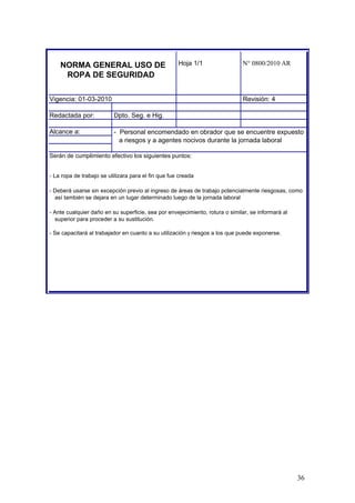 NORMA GENERAL USO DE
ROPA DE SEGURIDAD
Hoja 1/1 N° 0800/2010 AR
Vigencia: 01-03-2010 Revisión: 4
Redactada por: Dpto. Seg. e Hig.
Alcance a: - Personal encomendado en obrador que se encuentre expuesto
a riesgos y a agentes nocivos durante la jornada laboral
Serán de cumplimiento efectivo los siguientes puntos:
- La ropa de trabajo se utilizara para el fin que fue creada
- Deberá usarse sin excepción previo al ingreso de áreas de trabajo potencialmente riesgosas, como
así también se dejara en un lugar determinado luego de la jornada laboral
- Ante cualquier daño en su superficie, sea por envejecimiento, rotura o similar, se informará al
superior para proceder a su sustitución.
- Se capacitará al trabajador en cuanto a su utilización y riesgos a los que puede exponerse.
36
 