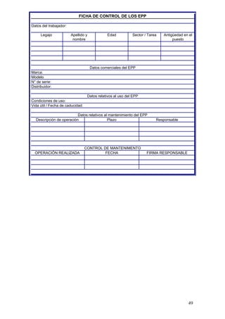 FICHA DE CONTROL DE LOS EPP
Datos del trabajador:
Legajo Apellido y
nombre
Edad Sector / Tarea Antigüedad en el
puesto
Datos comerciales del EPP
Marca:
Modelo
N° de serie:
Distribuidor:
Datos relativos al uso del EPP
Condiciones de uso:
Vida útil / Fecha de caducidad:
Datos relativos al mantenimiento del EPP
Descripción de operación Plazo Responsable
CONTROL DE MANTENIMENTO
OPERACIÓN REALIZADA FECHA FIRMA RESPONSABLE
49
 
