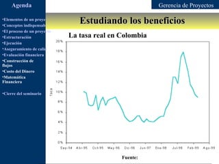 Agenda                                                     Gerencia de Proyectos

•Elementos de un proyecto
                                         Estudiando los beneficios
•Conceptos indispensables en dirección de proyectos
•El proceso de un proyecto
•Estructuración                    La tasa real en Colombia
•Ejecución
•Aseguramiento de calidad
•Evaluación financiera
•Construcción de
flujos
•Costo del Dinero
•Matemática
Financiera

•Cierre del seminario




                                                      Fuente:
 