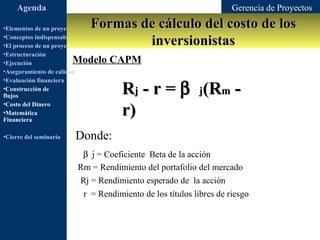 Agenda                                                            Gerencia de Proyectos

•Elementos de un proyecto       Formas de cálculo del costo de los
                                        inversionistas
•Conceptos indispensables en dirección de proyectos
•El proceso de un proyecto
•Estructuración
•Ejecución               Modelo CAPM
•Aseguramiento de calidad


                                           Rj - r = β j(Rm -
•Evaluación financiera
•Construcción de
flujos

                                           r)
•Costo del Dinero
•Matemática
Financiera

•Cierre del seminario     Donde:
                            β j = Coeficiente Beta de la acción
                           Rm = Rendimiento del portafolio del mercado
                           Rj = Rendimiento esperado de la acción
                             r = Rendimiento de los títulos libres de riesgo
 