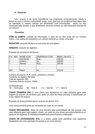 9 – Arquivos

Um arquivo é de suma importância nos programas computacionais, desde o
tempo em que o primeiro computador surgiu, pois, para que um programa faça algum tipo
de operação, o mesmo precisa ser alimentado com informações: estas, ou são
fornecidas pelo teclado, o que atualmente torna-se inviável, ou são fornecidos através de
um arquivo.
Conceitos
ITEM ou CAMPO: unidade de informação; o valor de um item pode ser um número
inteiro, uma cadeia de caracteres, um número decimal ou, ainda, uma data.
REGISTRO: conjunto de itens ou uma linha de uma tabela
ARQUIVO: conjunto de registros.
Exemplo de um arquivo de alunos:
R.A. N(6)
1
2
3
.
.
200

NOME C(30)
Ana Paula
Cristina
Renata

ENDEREÇO C(50)
Rua...
Av...
Rua...

MENS. Dec(8,2)
250,00
260,00
255,00

Pedro

Av...

270,00

Campos do arquivo: R.A., nome, endereço e mensal.
Tamanho do registro: 96 bytes
Total de registros: 200
Tamanho total do arquivo: 19200
Lembrando que:
1K – 1024 bytes

1M – 1024 K

1 G – 1024 M

1 T – 1024 G

CHAVE PRIMÁRIA (PK): É uma chave que representa um valor diferente para cada
registro do arquivo, de tal forma que, dado um valor da chave primária, é identificado um
único registro do arquivo.
Exemplo de chave primária para o arquivo de alunos: R.A
Uma chave primária pode ser composta por mais de um campo.
CHAVE SECUNDÁRIA: difere de uma primária pela possibilidade de não possuir uma
valor diferente para cada registro. Assim, um valor de uma chave secundária identifica um
conjunto de registros. É utilizada principalmente para buscas e ordenação.
CHAVE DE ESTRANGEIRA (FK): é a chave usada para identificar o(s) registro(s)
desejado(s) em uma operação de acesso a um outro arquivo.
32

 