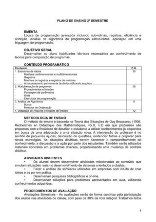 PLANO DE ENSINO 2º SEMESTRE

EMENTA
Lógica de programação avançada incluindo sub-rotinas, registros, eficiência e
correção. Análise de algoritmos de programação estruturados. Aplicação em uma
linguagem de programação.
OBJETIVO GERAL
Desenvolver ao aluno habilidades técnicas necessárias ao conhecimento de
teorias para composição de programas.
CONTEÚDO PROGRAMÁTICO
Conteúdo
1. Estruturas de dados
·
Matrizes unidimensionais e multidimensionais
·
Registros
·
Matrizes de registros e registros de matrizes
·
Armazenamento permanente de dados utilizando arquivos
2. Modularização de programas
·
Procedimentos e funções
·
Passagem de parâmetros
·
Units
·
Exercícios de programação
3. Análise de Algoritmos
·
Busca
·
Métodos de Ordenação
4. Utilização de Arquivos e Noções de Ìndices

C.H.
30

26

8

12

METODOLOGIA DE ENSINO
O método de ensino é baseado na Teoria das Situações de Guy Brousseau (1996.
Recherches en Didactique des Mathématiques, vol.9, n.3) em que problemas são
propostos com a finalidade de desafiar o estudante a utilizar conhecimentos já adquiridos
em busca de uma adaptação a uma situação nova. A intervenção do professor é no
sentido de pequenas ajudas, devolução de questões, evidenciar falhas e preparar para
novas estratégias. As situações didáticas devem favorecer o compartilhamento do
conhecimento, a discussão e a ação por parte dos estudantes. Também serão utilizados
materiais concretos em problemas diversos, proporcionando uma mudança de contrato
didático.
ATIVIDADES DISCENTES
•
Os alunos devem desenvolver atividades relacionadas ao conteúdo que
simulam situações reais no desenvolvimento de sistemas orientados a objetos.
•
Fazer a análise de softwares utilizados em empresas com intuito de criar
idéias e as por em prática.
•
Desenvolver pesquisas bibliográficas e on-line.
•
Desenvolver soluções para problemas apresentados em aula, utilizando
conhecimentos adquiridos.
PROCEDIMENTOS DE AVALIAÇÃO
Avaliações Bimestrais - As avaliações serão de forma contínua pela participação
dos alunos nas atividades de classe, com peso de 30% da nota integral. Trabalhos feitos

4

 