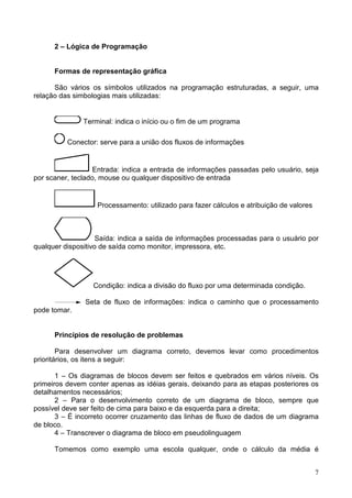2 – Lógica de Programação

Formas de representação gráfica
São vários os símbolos utilizados na programação estruturadas, a seguir, uma
relação das simbologias mais utilizadas:

Terminal: indica o início ou o fim de um programa
Conector: serve para a união dos fluxos de informações

Entrada: indica a entrada de informações passadas pelo usuário, seja
por scaner, teclado, mouse ou qualquer dispositivo de entrada

Processamento: utilizado para fazer cálculos e atribuição de valores

Saída: indica a saída de informações processadas para o usuário por
qualquer dispositivo de saída como monitor, impressora, etc.

Condição: indica a divisão do fluxo por uma determinada condição.
Seta de fluxo de informações: indica o caminho que o processamento
pode tomar.

Princípios de resolução de problemas
Para desenvolver um diagrama correto, devemos levar como procedimentos
prioritários, os itens a seguir:
1 – Os diagramas de blocos devem ser feitos e quebrados em vários níveis. Os
primeiros devem conter apenas as idéias gerais, deixando para as etapas posteriores os
detalhamentos necessários;
2 – Para o desenvolvimento correto de um diagrama de bloco, sempre que
possível deve ser feito de cima para baixo e da esquerda para a direita;
3 – É incorreto ocorrer cruzamento das linhas de fluxo de dados de um diagrama
de bloco.
4 – Transcrever o diagrama de bloco em pseudolinguagem
Tomemos como exemplo uma escola qualquer, onde o cálculo da média é
7

 