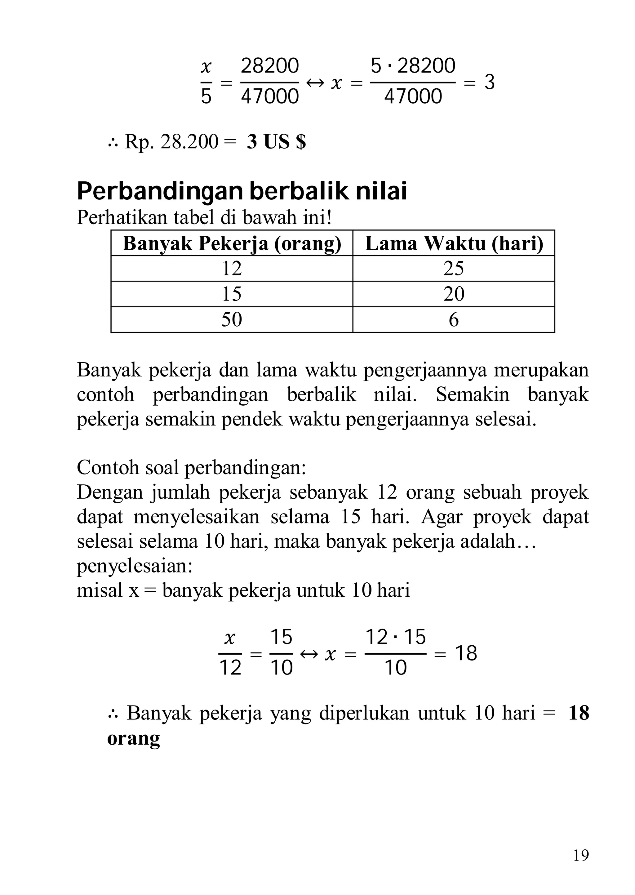 28200           5 ∙ 28200
                  =         ↔     =             =3
              5       47000            47000

   ∴ Rp. 28.200 = 3 US $

Perbandingan berbalik nilai
Perhatikan tabel di bawah ini!
     Banyak Pekerja (orang)           Lama Waktu (hari)
                 12                         25
                 15                         20
                 50                         6

Banyak pekerja dan lama waktu pengerjaannya merupakan
contoh perbandingan berbalik nilai. Semakin banyak
pekerja semakin pendek waktu pengerjaannya selesai.

Contoh soal perbandingan:
Dengan jumlah pekerja sebanyak 12 orang sebuah proyek
dapat menyelesaikan selama 15 hari. Agar proyek dapat
selesai selama 10 hari, maka banyak pekerja adalah…
penyelesaian:
misal x = banyak pekerja untuk 10 hari

                           15         12 ∙ 15
                       =      ↔   =           = 18
                  12       10           10

   ∴ Banyak pekerja yang diperlukan untuk 10 hari = 18
   orang




                                                          19
 