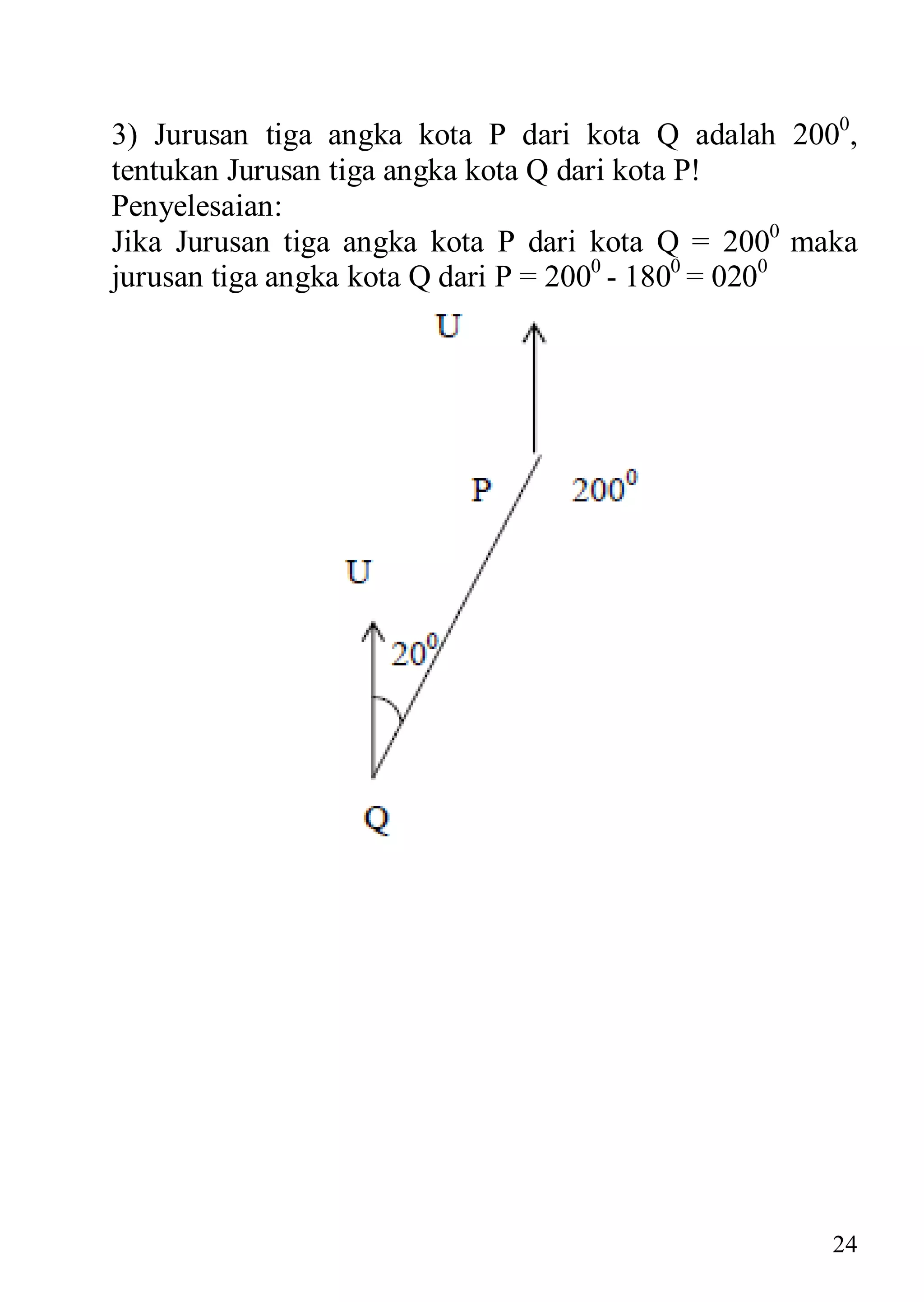 3) Jurusan tiga angka kota P dari kota Q adalah 2000,
tentukan Jurusan tiga angka kota Q dari kota P!
Penyelesaian:
Jika Jurusan tiga angka kota P dari kota Q = 2000 maka
jurusan tiga angka kota Q dari P = 2000 - 1800 = 0200




                                                    24
 