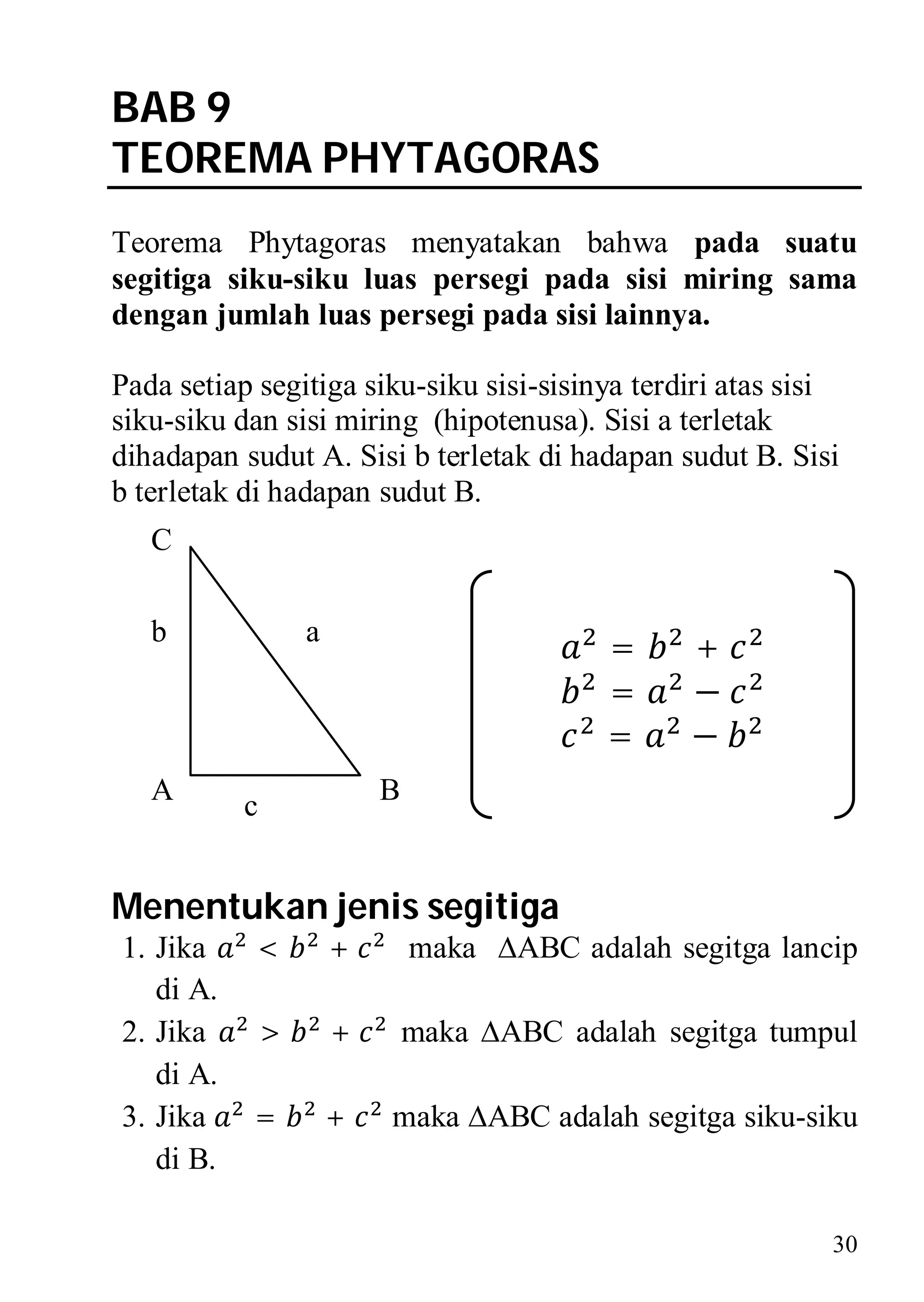 BAB 9
TEOREMA PHYTAGORAS
Teorema Phytagoras menyatakan bahwa pada suatu
segitiga siku-siku luas persegi pada sisi miring sama
dengan jumlah luas persegi pada sisi lainnya.

Pada setiap segitiga siku-siku sisi-sisinya terdiri atas sisi
siku-siku dan sisi miring (hipotenusa). Sisi a terletak
dihadapan sudut A. Sisi b terletak di hadapan sudut B. Sisi
b terletak di hadapan sudut B.
   C

   b               a
                                            =     +
                                            =     −
                                            =     −
   A       c               B


Menentukan jenis segitiga
1. Jika     <          +       maka ABC adalah segitga lancip
   di A.
2. Jika        >       +       maka ABC adalah segitga tumpul
   di A.
3. Jika    =           +   maka ABC adalah segitga siku-siku
   di B.

                                                            30
 