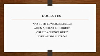 DOCENTES
ANA RUTH GONZALES LUCUMI
AILEN AGUILAR RODRIGUEZ
ORLEIDA CUENCA ORTIZ
EVER ALIRIO BUITRÓN
 