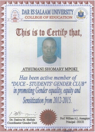 GENDER CLUB membership certificate