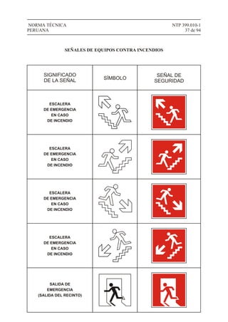 NTP 399.010-1
37 de 94
NORMA TÉCNICA
PERUANA
SEÑALES DE EQUIPOS CONTRA INCENDIOS
ESCALERA
DE EMERGENCIA
EN CASO
DE INCENDIO
ESCALERA
DE EMERGENCIA
EN CASO
DE INCENDIO
ESCALERA
DE EMERGENCIA
EN CASO
DE INCENDIO
ESCALERA
DE EMERGENCIA
EN CASO
DE INCENDIO
SALIDA DE
EMERGENCIA
(SALIDA DEL RECINTO)
SIGNIFICADO
DE LA SEÑAL SÍMBOLO
SEÑAL DE
SEGURIDAD
 