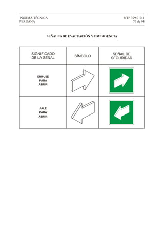 NTP 399.010-1
76 de 94
NORMA TÉCNICA
PERUANA
SIGNIFICADO
DE LA SEÑAL SÍMBOLO
SEÑAL DE
SEGURIDAD
SEÑALES DE EVACUACIÓN Y EMERGENCIA
EMPUJE
PARA
ABRIR
JALE
PARA
ABRIR
 