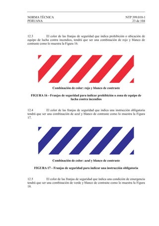 NORMA TÉCNICA NTP 399.010-1
PERUANA 23 de 104
12.3 El color de las franjas de seguridad que indica prohibición o ubicación de
equipo de lucha contra incendios, tendrá que ser una combinación de rojo y blanco de
contraste como lo muestra la Figura 16.
Combinación de color: rojo y blanco de contraste
FIGURA 16 - Franjas de seguridad para indicar prohibición o zona de equipo de
lucha contra incendios
12.4 El color de las franjas de seguridad que indica una instrucción obligatoria
tendrá que ser una combinación de azul y blanco de contraste como lo muestra la Figura
17.
Combinación de color: azul y blanco de contraste
FIGURA 17 - Franjas de seguridad para indicar una instrucción obligatoria
12.5 El color de las franjas de seguridad que indica una condición de emergencia
tendrá que ser una combinación de verde y blanco de contraste como lo muestra la Figura
18.
 
