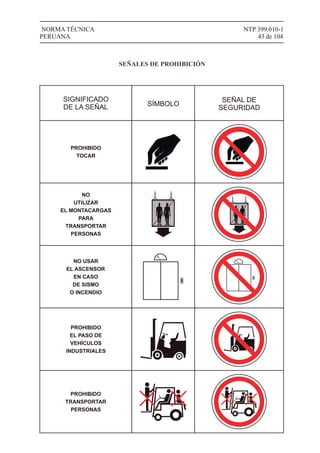 NTP 399.010-1
43 de 104
NORMA TÉCNICA
PERUANA
SIGNIFICADO
DE LA SEÑAL SÍMBOLO
SEÑAL DE
SEGURIDAD
PROHIBIDO
TOCAR
NO
UTILIZAR
EL MONTACARGAS
PARA
TRANSPORTAR
PERSONAS
NO USAR
EL ASCENSOR
EN CASO
DE SISMO
O INCENDIO
PROHIBIDO
EL PASO DE
VEHÍCULOS
INDUSTRIALES
PROHIBIDO
TRANSPORTAR
PERSONAS
SEÑALES DE PROHIBICIÓN
 