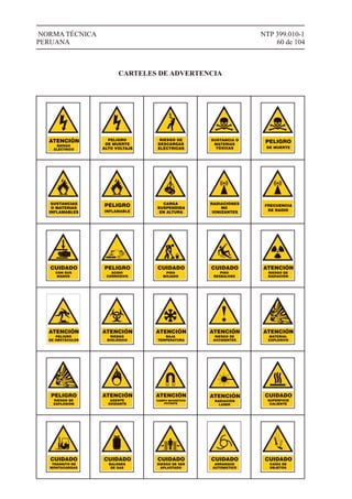NTP 399.010-1
60 de 104
NORMA TÉCNICA
PERUANA
CARTELES DE ADVERTENCIA
RIESGO
ELÉCTRICO
ATENCIÓN PELIGRO
DE MUERTE
ALTO VOLTAJE
RIESGO DE
DESCARGAS
ELÉCTRICAS DE MUERTE
PELIGROSUSTANCIA O
MATERIAS
TÓXICAS
SUSTANCIAS
O MATERIAS
INFLAMABLES INFLAMABLE
PELIGRO CARGA
SUSPENDIDA
EN ALTURA
RADIACIONES
NO
IONIZANTES
FRECUENCIA
DE RADIO
CON SUS
MANOS
CUIDADO
ÁCIDO
CORROSIVO
PELIGRO
PISO
MOJADO
CUIDADO
PISO
RESBALOSO
CUIDADO
RIESGO DE
RADIACIÓN
ATENCIÓN
PELIGRO
DE OBSTÁCULOS
ATENCIÓN
RIESGO
BIOLÓGICO
ATENCIÓN
BAJA
TEMPERATURA
ATENCIÓN
RIESGO DE
ACCIDENTES
ATENCIÓN
RIESGO DE
EXPLOSIÓN
PELIGRO
MATERIAL
EXPLOSIVO
ATENCIÓN
AGENTE
OXIDANTE
ATENCIÓN
CAMPO MAGNÉTICO
POTENTE
ATENCIÓN
RADIACIÓN
LASER
ATENCIÓN
SUPERFICIE
CALIENTE
CUIDADO
TRÁNSITO DE
MONTACARGAS
CUIDADO
BALONES
DE GAS
CUIDADO
RIESGO DE SER
APLASTADO
CUIDADO
ARRANQUE
AUTOMÁTICO
CUIDADO
CAÍDA DE
OBJETOS
CUIDADO
 