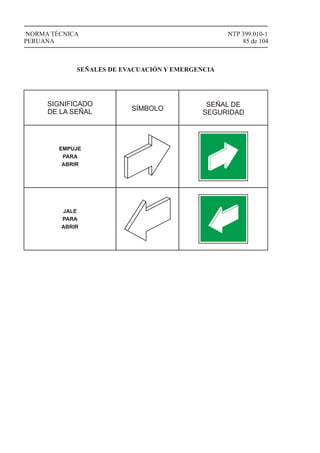 NTP 399.010-1
85 de 104
NORMA TÉCNICA
PERUANA
SIGNIFICADO
DE LA SEÑAL SÍMBOLO
SEÑAL DE
SEGURIDAD
SEÑALES DE EVACUACIÓN Y EMERGENCIA
EMPUJE
PARA
ABRIR
JALE
PARA
ABRIR
 