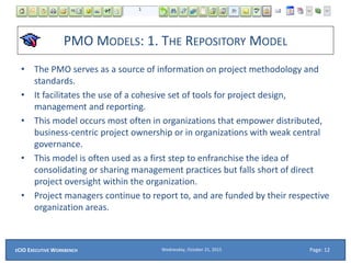 PMO MODELS: 1. THE REPOSITORY MODEL
• The PMO serves as a source of information on project methodology and
standards.
• It facilitates the use of a cohesive set of tools for project design,
management and reporting.
• This model occurs most often in organizations that empower distributed,
business-centric project ownership or in organizations with weak central
governance.
• This model is often used as a first step to enfranchise the idea of
consolidating or sharing management practices but falls short of direct
project oversight within the organization.
• Project managers continue to report to, and are funded by their respective
organization areas.
Wednesday, October 21, 2015ECIO EXECUTIVE WORKBENCH Page: 12
 