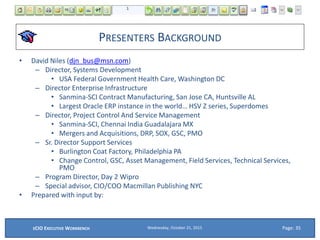 PRESENTERS BACKGROUND
• David Niles (djn_bus@msn.com)
– Director, Systems Development
• USA Federal Government Health Care, Washington DC
– Director Enterprise Infrastructure
• Sanmina-SCI Contract Manufacturing, San Jose CA, Huntsville AL
• Largest Oracle ERP instance in the world… HSV Z series, Superdomes
– Director, Project Control And Service Management
• Sanmina-SCI, Chennai India Guadalajara MX
• Mergers and Acquisitions, DRP, SOX, GSC, PMO
– Sr. Director Support Services
• Burlington Coat Factory, Philadelphia PA
• Change Control, GSC, Asset Management, Field Services, Technical Services,
PMO
– Program Director, Day 2 Wipro
– Special advisor, CIO/COO Macmillan Publishing NYC
• Prepared with input by:
Page: 35Wednesday, October 21, 2015ECIO EXECUTIVE WORKBENCH
 