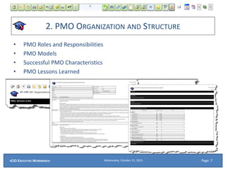 2. PMO ORGANIZATION AND STRUCTURE
• PMO Roles and Responsibilities
• PMO Models
• Successful PMO Characteristics
• PMO Lessons Learned
Wednesday, October 21, 2015ECIO EXECUTIVE WORKBENCH Page: 7
 