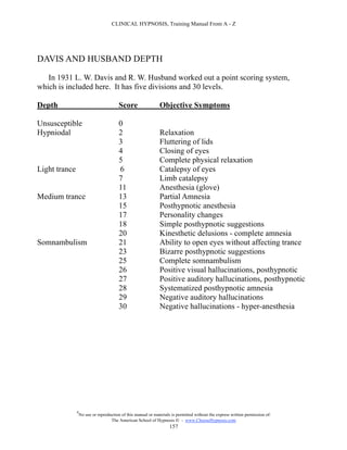 CLINICAL HYPNOSIS, Training Manual From A - Z




DAVIS AND HUSBAND DEPTH

   In 1931 L. W. Davis and R. W. Husband worked out a point scoring system,
which is included here. It has five divisions and 30 levels.

Depth                                    Score                 Objective Symptoms

Unsusceptible                            0
Hypniodal                                2                     Relaxation
                                         3                     Fluttering of lids
                                         4                     Closing of eyes
                                         5                     Complete physical relaxation
Light trance                             6                     Catalepsy of eyes
                                         7                     Limb catalepsy
                                         11                    Anesthesia (glove)
Medium trance                            13                    Partial Amnesia
                                         15                    Posthypnotic anesthesia
                                         17                    Personality changes
                                         18                    Simple posthypnotic suggestions
                                         20                    Kinesthetic delusions - complete amnesia
Somnambulism                             21                    Ability to open eyes without affecting trance
                                         23                    Bizarre posthypnotic suggestions
                                         25                    Complete somnambulism
                                         26                    Positive visual hallucinations, posthypnotic
                                         27                    Positive auditory hallucinations, posthypnotic
                                         28                    Systematized posthypnotic amnesia
                                         29                    Negative auditory hallucinations
                                         30                    Negative hallucinations - hyper-anesthesia




               #
                   No use or reproduction of this manual or materials is permitted without the express written permission of:
                                    The American School of Hypnosis  - www.ChooseHypnosis.com
                                                                     157
 