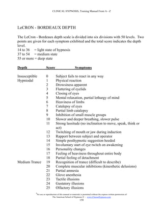 CLINICAL HYPNOSIS, Training Manual From A - Z




LeCRON - BORDEAUX DEPTH

The LeCron - Bordeaux depth scale is divided into six divisions with 50 levels. Two
points are given for each symptom exhibited and the total score indicates the depth
level.
14 to 36 = light state of hypnosis
37 to 54 = medium state
55 or more = deep state

Depth                     Score                             Symptoms

Insusceptible             0           Subject fails to react in any way
Hypniodal                 1           Physical reaction
                          2           Drowsiness apparent
                          3           Fluttering of eyelids
                          4           Closing of eyes
                          5           Mental relaxation, partial lethargy of mind
                          6           Heaviness of limbs
                          7           Catalepsy of eyes
                          8           Partial limb catalepsy
                          9           Inhibition of small muscle groups
                          10          Slower and deeper breathing, slower pulse
                          11          Strong lassitude (no inclination to move, speak, think or
                                      act)
                          12          Twitching of mouth or jaw during induction
                          13          Rapport between subject and operator
                          14          Simple posthypnotic suggestion heeded
                          15          Involuntary start of eye twitch on awakening
                          16          Personality changes
                          17          Feeling of heaviness throughout entire body
                          18          Partial feeling of detachment
Medium Trance             19          Recognition of trance (difficult to describe)
                          20          Complete muscular inhibitions (kinesthetic delusions)
                          21          Partial amnesia
                          22          Glove anesthesia
                          23          Tactile illusions
                          24          Gustatory illusions
                          25          Olfactory illusions
            #
                No use or reproduction of this manual or materials is permitted without the express written permission of:
                                 The American School of Hypnosis  - www.ChooseHypnosis.com
                                                                  158
 