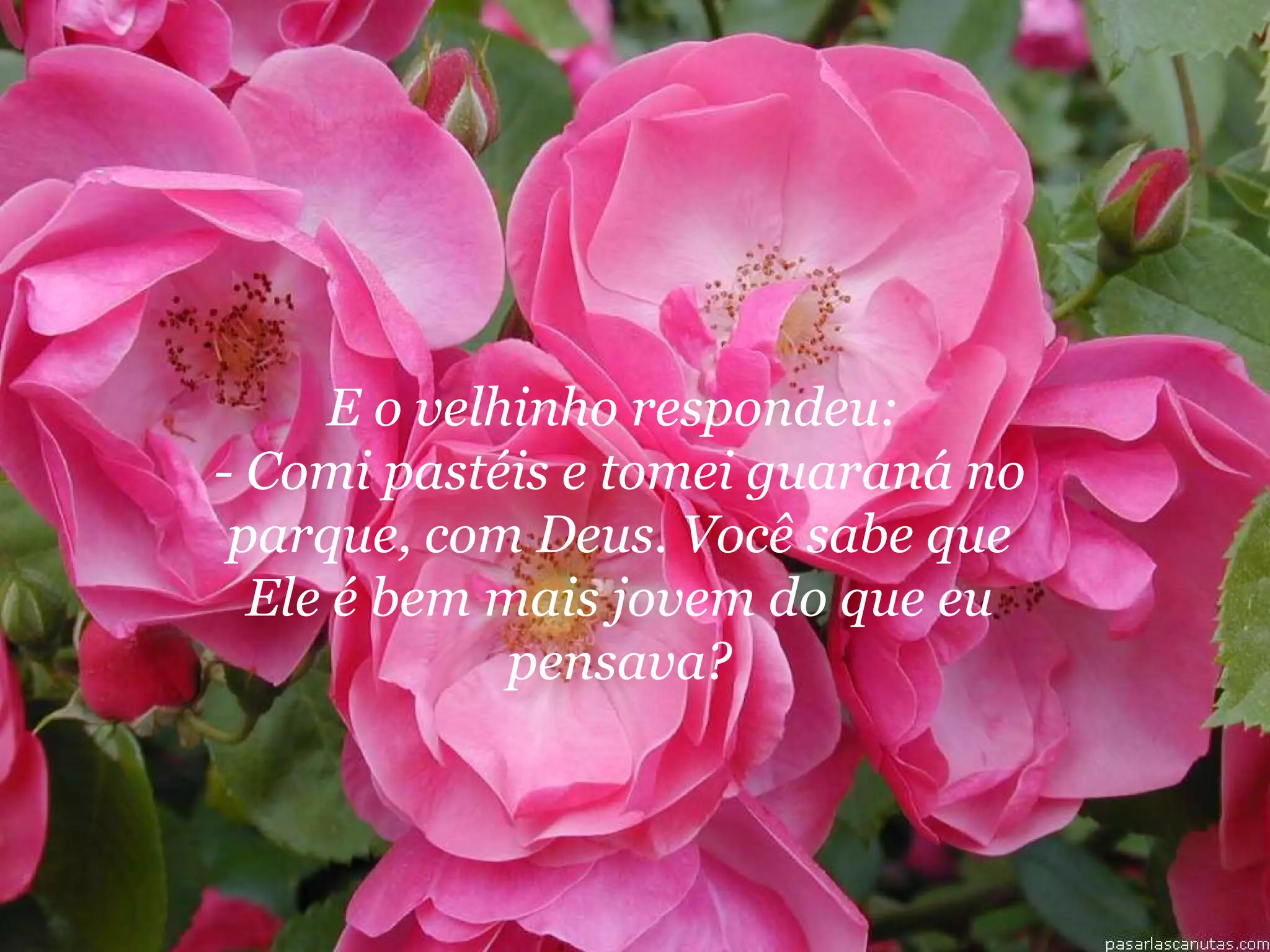 E o velhinho respondeu:  - Comi pastéis e tomei guaraná no parque, com Deus. Você sabe que Ele é bem mais jovem do que eu pensava? 