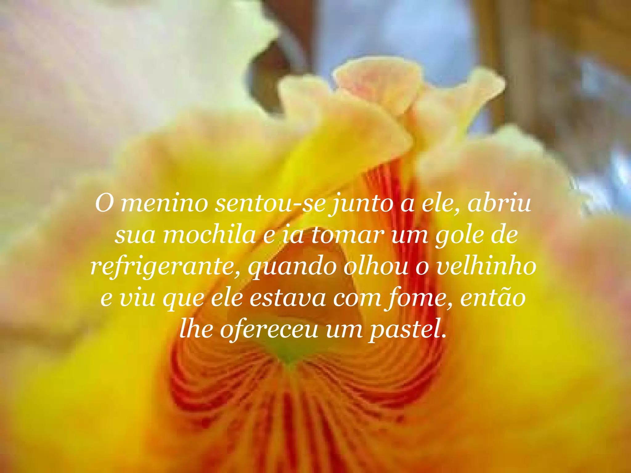 O menino sentou-se junto a ele, abriu  sua mochila e ia tomar um gole de refrigerante, quando olhou o velhinho  e viu que ele estava com fome, então  lhe ofereceu um pastel.  