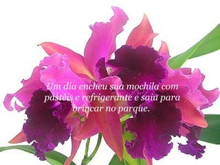 Um dia encheu sua mochila com
pastéis e refrigerante e saiu para
       brincar no parque.
 