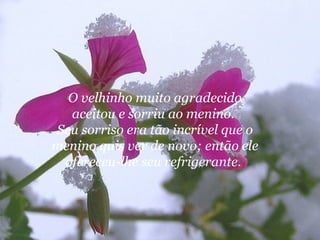 O velhinho muito agradecido
  aceitou e sorriu ao menino.
Seu sorriso era tão incrível que o
menino quis ver de novo; então ele
 ofereceu-lhe seu refrigerante.
 