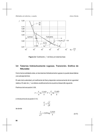                                                                                  


        0,20
                                                 64
                                            
                                                 Re
         0,10
         0,08
         0,06

         0,04
                         Laminar                                   Turbulento
                                                                                 1
         0,02                                                                          = 2 log Re  
                                                                                  
                                                               0,316
                                                                 1
                                    2 300                      Re 4
         0,01
                     2                  3                  4                5               6           7          
                10                 10                 10               10              10          10       Re =
                                                                                                                    



                          Figura 3.2 Coeficiente  de Darcy en tuberías lisas




3.4 Tuberías hidráulicamente rugosas. Transición. Gráfico de
    Nikuradse

Como hemos señalado antes, en las tuberías hidráulicamente rugosas no puede desarrollarse
una subcapa laminar.

El valor de la velocidad y el coeficiente de Darcy dependen exclusivamente de la rugosidad
relativa. El valor de  se obtiene analíticamente de acuerdo al desarrollo siguiente.

Partimos de la ecuación 2-38,

                                                      13,4                        13,4
                                                 ln                           ln
                                                                                      

e introducimos la ecuación 3-12,

                                                                      
                                                                      8
de donde

                                                  1                        3,35
                                                                2,03 log                                           (3-17)
                                                                             


98
 