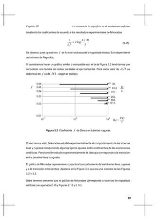                                             

Ajustando los coeficientes de acuerdo a los resultados experimentales de Nikuradse

                                           1              3,71
                                                  2 log
                                                                                               (3-18)


Se observa, pues, que ahora  es función exclusiva de la rugosidad relativa. Es independiente
del número de Reynolds.

Si quisiéramos hacer un gráfico similar o compatible con el de la Figura 3.2 tendríamos que
considerar una familia de rectas paralelas al eje horizontal. Para cada valor de                  se
obtiene el de  (ó de         , según el gráfico)


          0,06                                                                           30,
         0,05                                                                           61,2   
          0,04                                                                          120,
                                                                                                
          0,03                                                                       252,
                                                                                     504,
          0,02                                                                      1014,




         0,01
               10
                    4
                                                10
                                                     5
                                                                               10
                                                                                    6           
                                                                                         Re =
                                                                                                 

                        Figura 3.3 Coeficiente  de Darcy en tuberías rugosas



Como hemos visto, Nikuradse estudió experimentalmente el comportamiento de las tuberías
lisas y rugosas introduciendo algunos ligeros ajustes en los coeficientes de las expresiones
analíticas. Pero también estudió experimentalmente la fase que corresponde a la transición
entre paredes lisas y rugosas.

El gráfico de Nikuradse representa en conjunto el comportamiento de las tuberías lisas, rugosas
y a la transición entre ambos. Aparece en la Figura 3.4, que es una síntesis de las Figuras
3.2 y 3.3.

Debe tenerse presente que el gráfico de Nikuradse corresponde a tuberías de rugosidad
artificial (ver apartado 2.10 y Figuras 2.13 y 2.14).



                                                                                                     99
 