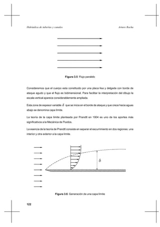                                                        




                                    Figura 3.5 Flujo paralelo



Consideremos que el cuerpo esta constituido por una placa lisa y delgada con borde de
ataque agudo y que el flujo es bidimensional. Para facilitar la interpretación del dibujo la
escala vertical aparece considerablemente ampliada.

Esta zona de espesor variable       que se inicia en el borde de ataque y que crece hacia aguas
abajo se denomina capa límite.

La teoría de la capa limite planteada por Prandtl en 1904 es uno de los aportes más
significativos a la Mecánica de Fluidos.

La esencia de la teoría de Prandtl consiste en separar el escurrimiento en dos regiones: una
interior y otra exterior a la capa límite.




                                                                 




                           Figura 3.6 Generación de una capa límite


122
 