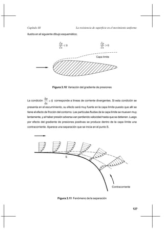                                       

ilustra en el siguiente dibujo esquemático.


                                                              
                               0                                  0
                                                              

                                                            Capa límite




                     Figura 3.10 Variación del gradiente de presiones



                
La condición        0 corresponde a líneas de corriente divergentes. Si esta condición se
                
presenta en el escurrimiento, su efecto será muy fuerte en la capa límite puesto que allí se
tiene el efecto de fricción del contorno. Las partículas fluidas de la capa límite se mueven muy
lentamente, y al haber presión adversa van perdiendo velocidad hasta que se detienen. Luego
por efecto del gradiente de presiones positivas se produce dentro de la capa límite una
contracorriente. Aparece una separación que se inicia en el punto S.




                                 S




                                                                          Contracorriente



                          Figura 3.11 Fenómeno de la separación


                                                                                            127
 