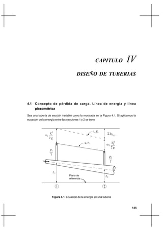                                                                        




                                                            CAPITULO                     
                                         DISEÑO DE TUBERIAS




4.1 Concepto de pérdida de carga. Línea de energía y línea
    piezométrica

Sea una tubería de sección variable como la mostrada en la Figura 4.1. Si aplicamos la
ecuación de la energía entre las secciones 1 y 2 se tiene



                                                        L. E.
               1 1                                                    1-2
                    2


                  2
                                                                     2 2
                                                                           2
                                                L. P.
                                                                        2
                   1
                   
                                                                         2
                                                                         


                        1
                                   Plano de                         2
                                   referencia


                             1                                  2


                    Figura 4.1 Ecuación de la energía en una tubería


                                                                                             135
 