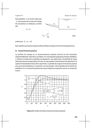                                                                                                

Si la superficie   2 es mucho mayor que
1 como podría ser el caso de entrega
de una tubería a un estanque, se tiene                                          A1
que                                                                                                        A2
                       1  

                                                              2
                                                                                                             (4-9)
                                                              2

puesto que    1 / 2            0

Esto significa que toda la energía cinética del flujo se disipa en forma de energía térmica.


b)    Ensanchamiento gradual

La pérdida de energía en un ensanchamiento gradual (cónico) ha sido estudiada
experimentalmente, entre otros, por Gibson. En una expansión gradual se producen torbellinos
y vórtices a lo largo de la superficie de separación, que determinan una pérdida de carga
adicional a la que corresponde por fricción con las paredes. Este fenómeno fue descrito en el
capítulo III al estudiar la teoría de la capa límite. La pérdida de carga en el ensanche gradual
es la suma de la pérdida por rozamiento con las paredes, más la pérdida por formación de
torbellinos. En un ensanche gradual hay mayor longitud de expansión que en un ensanche
brusco.


               1,2
                            2
                                 = 1,5
               1,0          1
                                                            2
                                                                 =3
               0,8                                          1
          
               0,6
                                                                      1               2
               0,4
                                                                             (1  2 ) 2
                                                                    
               0,2                                                              2

                   0
                       0º        20º     40º   60º      80º          100º       120º         140º   160º   180º
                                                                 


                        Figura 4.4 Gráfico de Gibson (Ensanchamiento gradual)


                                                                                                                     155
 