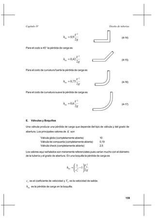                                                                    


                                               2
                                    0,9                                          (4-14)
                                               2

Para el codo a 45° la pérdida de carga es


                                                2
                                    0,42                                         (4-15)
                                                2

Para el codo de curvatura fuerte la pérdida de carga es


                                                2
                                    0,75                                         (4-16)
                                                2

Para el codo de curvatura suave la pérdida de carga es


                                               2
                                    0,6                                          (4-17)
                                               2



E.   Válvulas y Boquillas

Una válvula produce una pérdida de carga que depende del tipo de válvula y del grado de
abertura. Los principales valores de  son

              Válvula globo (completamente abierta)                 10
              Válvula de compuerta (completamente abierta)          0,19
              Válvula check (completamente abierta)                 2,5

Los valores aquí señalados son meramente referenciales pues varían mucho con el diámetro
de la tubería y el grado de abertura. En una boquilla la pérdida de carga es


                                            1   2
                                       2 1
                                              2


 es el coeficiente de velocidad y  es la velocidad de salida.
 es la pérdida de carga en la boquilla.


                                                                                         159
 