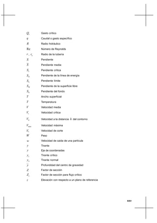 Qc       Gasto crítico
q        Caudal o gasto específico

R        Radio hidráulico

Re       Número de Reynolds
r , ro   Radio de la tubería

S        Pendiente
S        Pendiente media

Sc       Pendiente crítica

SE       Pendiente de la línea de energía

SL       Pendiente límite

SW       Pendiente de la superficie libre
S0       Pendiente del fondo

T        Ancho superficial

T        Temperatura

V        Velocidad media

Vc       Velocidad crítica

Vh       Velocidad a la distancia   h del contorno
Vmax     Velocidad máxima

V*       Velocidad de corte
W        Peso

w        Velocidad de caida de una partícula
y        Tirante
y        Eje de coordenadas
yc       Tirante crítico
yn       Tirante normal
y        Profundidad del centro de gravedad
Z        Factor de sección
Zc       Factor de sección para flujo crítico
z        Elevación con respecto a un plano de referencia




                                                           xxv
 