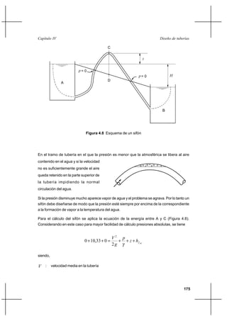                                                                   

                                          C


                                                                  


                         = 0
                                                             = 0               
                                          D
              A




                                                                           B




                             Figura 4.8 Esquema de un sifón




En el tramo de tubería en el que la presión es menor que la atmosférica se libera al aire
contenido en el agua y si la velocidad
no es suficientemente grande el aire
queda retenido en la parte superior de
la tubería impidiendo la normal
circulación del agua.

Si la presión disminuye mucho aparece vapor de agua y el problema se agrava. Por lo tanto un
sifón debe diseñarse de modo que la presión esté siempre por encima de la correspondiente
a la formación de vapor a la temperatura del agua.

Para el cálculo del sifón se aplica la ecuación de la energía entre A y C (Figura 4.8).
Considerando en este caso para mayor facilidad de cálculo presiones absolutas, se tiene


                                              2 
                            0 ⌡ 10,33 ⌡ 0       ⌡ ⌡  ⌡   
                                              2

siendo,

 : velocidad media en la tubería



                                                                                        175
 