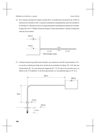                                                                

22. En el sistema mostrado en la figura circulan 60 l/s. La bomba tiene una potencia de 10 HP. La
      eficiencia de la bomba es 0,85. La presión manométrica inmediatamente antes de la bomba es
      de 0,06 kg/cm2. Determinar cual es la energía disponible inmediatamente después de la bomba.
      El agua está a 20 °C. Dibujar la línea de energía y la línea piezométrica. Calcular la longitud de
      cada uno de los tramos.

                      22,0 m




                      10,0 m

                                                                      B
                                                     = 4"                        = 4"
                                            Fierro fundido, nuevo




23. Calcular la potencia que debe tener la bomba, cuya eficiencia es del 80 % para bombear 15 l/s.
      La succión se efectúa por medio de la válvula de pie mostrada en la figura (  = 0,8). Hay una
      válvula check (  = 2) y una válvula de compuerta (  = 17). El codo es de curvatura suave. La
      tubería es de 4” de diámetro. Es de fierro galvanizado. La viscosidad del agua es 10-6 m2/s.


                                              250 m
                                                                                           90,0 m




 50 m



                          11,5 m
                  B
                                         10,0 m


                                1,5 m




190
 