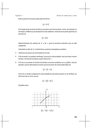                                                             

     Esta ecuación toma para cada tubería la forma

                                                     1

                                               2

     Si en lugar de la ecuación de Darcy se quiere usar otra ecuación, como, por ejemplo, la
     de Hazen y Williams que estudiaremos más adelante, entonces la ecuación genérica es
     de la forma

                                             
                                                 



     determinándose los valores de  y de            para la ecuación particular que se está
     empleando.

     Calculado el valor de  es fácil hacer sucesivos reemplazos y tanteos.

4.   Verificar la ecuación de continuidad en el nudo.

5.   Si la ecuación no quedara verificada, lo que es lo más probable, hay que hacer nuevos
     tanteos, reiniciando el cálculo a partir del punto 1.

6.   A fin de no aumentar el número de tanteos conviene auxiliarse con un gráfico. Así por
     ejemplo, para la última figura se tiene que la ecuación de continuidad debe ser


                                            1 ⌡ 2  3

     Como en un tanteo cualquiera lo más probable es que esta ecuación no se verifique, se
     tiene que hay un error, que es


                                           3   1 ⌡ 2 
     El gráfico sería

                                                P




                          -                     0                   +
                                         3 - ( 1 +  2 )


                                                                                           201
 