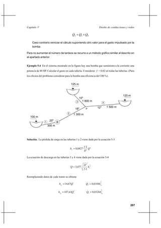                                                                       

                                                2  3 ⌡ 4

     Caso contrario reiniciar el cálculo suponiendo otro valor para el gasto impulsado por la
     bomba.

Para no aumentar el número de tanteos se recurre a un método gráfico similar al descrito en
el apartado anterior.


Ejemplo 5.4 En el sistema mostrado en la figura hay una bomba que suministra a la corriente una
potencia de 40 HP. Calcular el gasto en cada tubería. Considerar  = 0,02 en todas las tuberías. (Para
los efectos del problema considerar para la bomba una eficiencia del 100 %).


                                              125 m



                                                                                                120 m
                                                      10"
                                                    3   1 800 m
                                                                                  4

                                                                          12"         1 500 m
                                                    18"       P

                                          2
                                                 1 300 m
   100 m
                 1    20"
                             B
                     300 m



Solución. La pérdida de carga en las tuberías 1 y 2 viene dada por la ecuación 5-3

                                                              2
                                                 0,0827      
                                                             5

La ecuación de descarga en las tuberías 3 y 4 viene dada por la ecuación 5-4

                                                              5 12
                                                3,477         
                                                             

Reemplazando datos de cada tramo se obtiene
                                                                             1

                                  1  14,6712              3  0,0188 23
                                                                             1

                                  2  107,6322              4  0,0326 24



                                                                                                     207
 