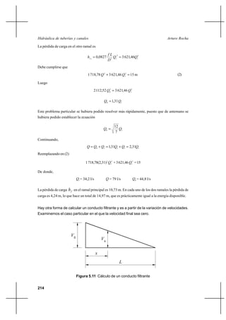                                                              

La pérdida de carga en el otro ramal es

                                                      2
                                     1  0,0827       1  3 621,4612
                                                     5
Debe cumplirse que
                                   1 718,78  2 ⌡ 3 621,46 12  15 m                          (2)

Luego
                                       2 112,52 02  3 621,46 12

                                                0  1,31 1

Este problema particular se hubiera podido resolver más rápidamente, puesto que de antemano se
hubiera podido establecer la ecuación

                                                         12
                                                0         1
                                                          7

Continuando,
                                    0 ⌡ 1  1,311 ⌡ 1  2,311
Reemplazando en (2)

                                 1 718,78(2,31)2 12 + 3 621,46 12 = 15

De donde,
                           1 = 34,2 l/s             = 79 l/s       0 = 44,8 l/s

La pérdida de carga   en el ramal principal es 10,73 m. En cada uno de los dos ramales la pérdida de
carga es 4,24 m, lo que hace un total de 14,97 m, que es prácticamente igual a la energía disponible.


Hay otra forma de calcular un conducto filtrante y es a partir de la variación de velocidades.
Examinemos el caso particular en el que la velocidad final sea cero.




                      0
                                               x


                                           
                                                             

                           Figura 5.11 Cálculo de un conducto filtrante


214
 