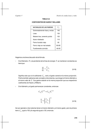                                                                         

                                           TABLA 5.2

                          COEFICIENTES DE HAZEN Y WILLIAMS


                           NATURALEZA DE LAS PAREDES                          

                           Extremadamente lisas y rectas                     140
                           Lisas                                             130
                           Madera lisa, cemento pulido                       120
                           Acero ribeteado                                   110
                           Fierro fundido viejo                               95
                           Fierro viejo en mal estado                       60-80
                           Fuertemente corroído                             40-50




Hagamos una breve discusión de la fórmula.

-   Si el Diámetro  y la pendiente de la línea de energía                   se mantienen constantes se
    tiene que

                                           1   1
                                                                                                   (5-18)
                                           2  
                                                           2



    Significa esto que si el coeficiente    varía, el gasto variará en la misma proporción.
    Podría también aplicarse este concepto a dos tuberías, que tengan el mismo diámetro y
    el mismo valor de    . Sus gastos estarán en la misma proporción que sus respectivos
    coeficientes de Hazen y Williams.

-   Si el diámetro y el gasto permanecen constantes, entonces


                                    1               2
                                           0 , 54                  0 , 54
                                      1                    2



                                                               1, 85
                                      2   
                                             1
                                                                                                    (5-19)
                                      1   
                                                       2



Así por ejemplo si dos tuberías tienen el mismo diámetro y el mismo gasto, pero la primera
tiene    igual a 100 y la segunda igual a 120, entonces


                                                                                                       219
 